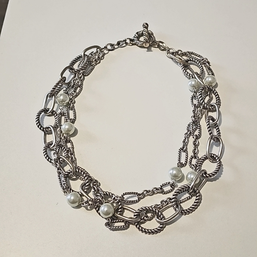 Premier Designs Faux Pearl Chain Necklace Antiqued Silver Plated Retired - Picture 3 of 4